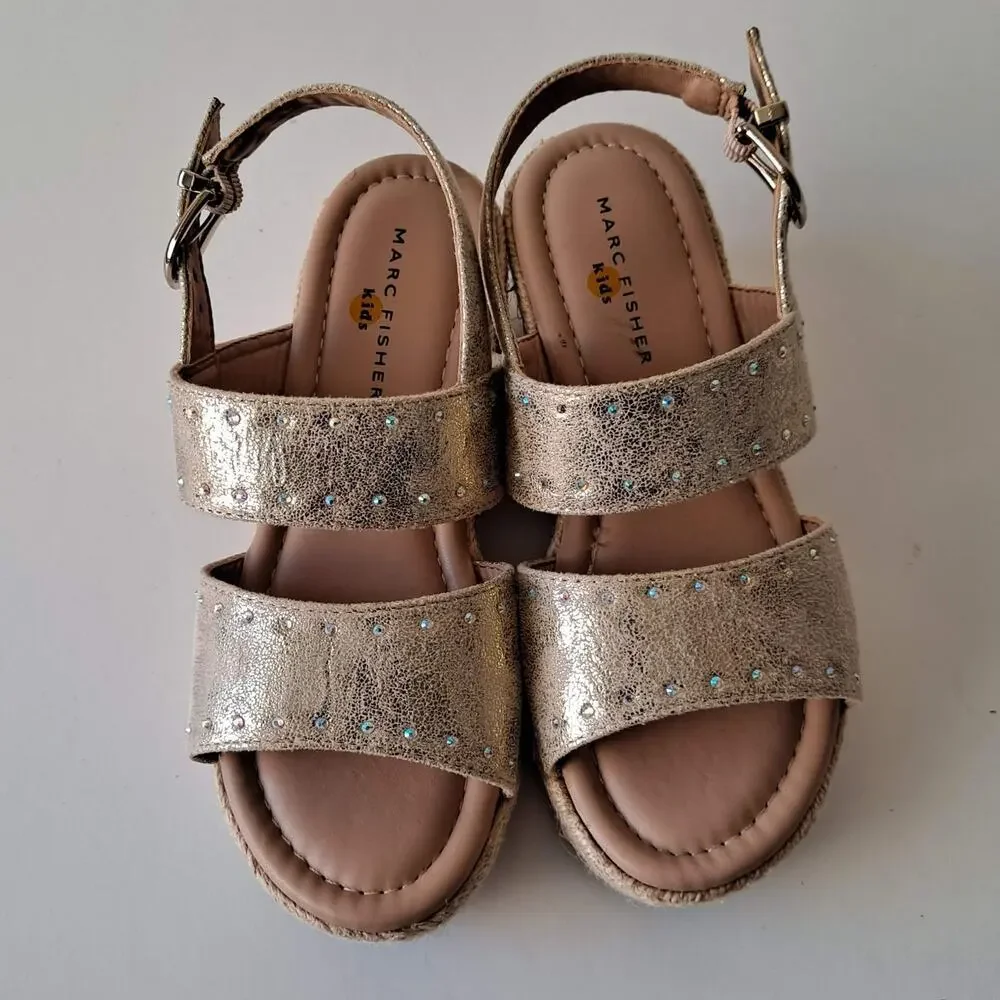 Marc Fisher Marrel Shimmer Strappy Espadrille Wedge Sandals Gold Girls Size 2